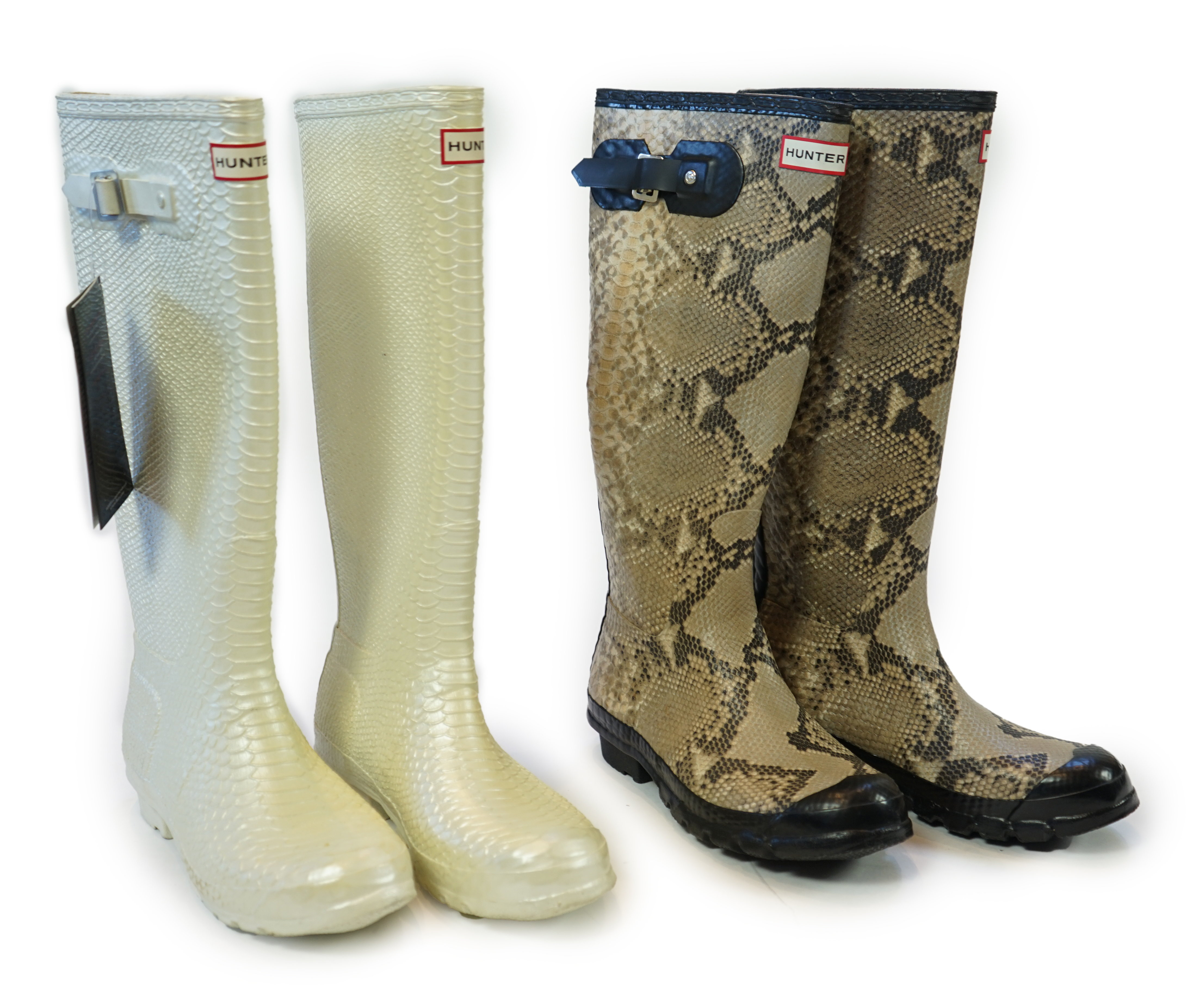 Two pairs of lady's Hunter snake-skin effect wellington boots, size UK 7